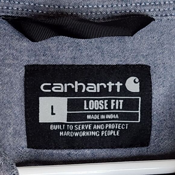 Carhartt Loose Fit Button Down Short Sleeve Shirt Blue Chambray Denim Large - Picture 4 of 9